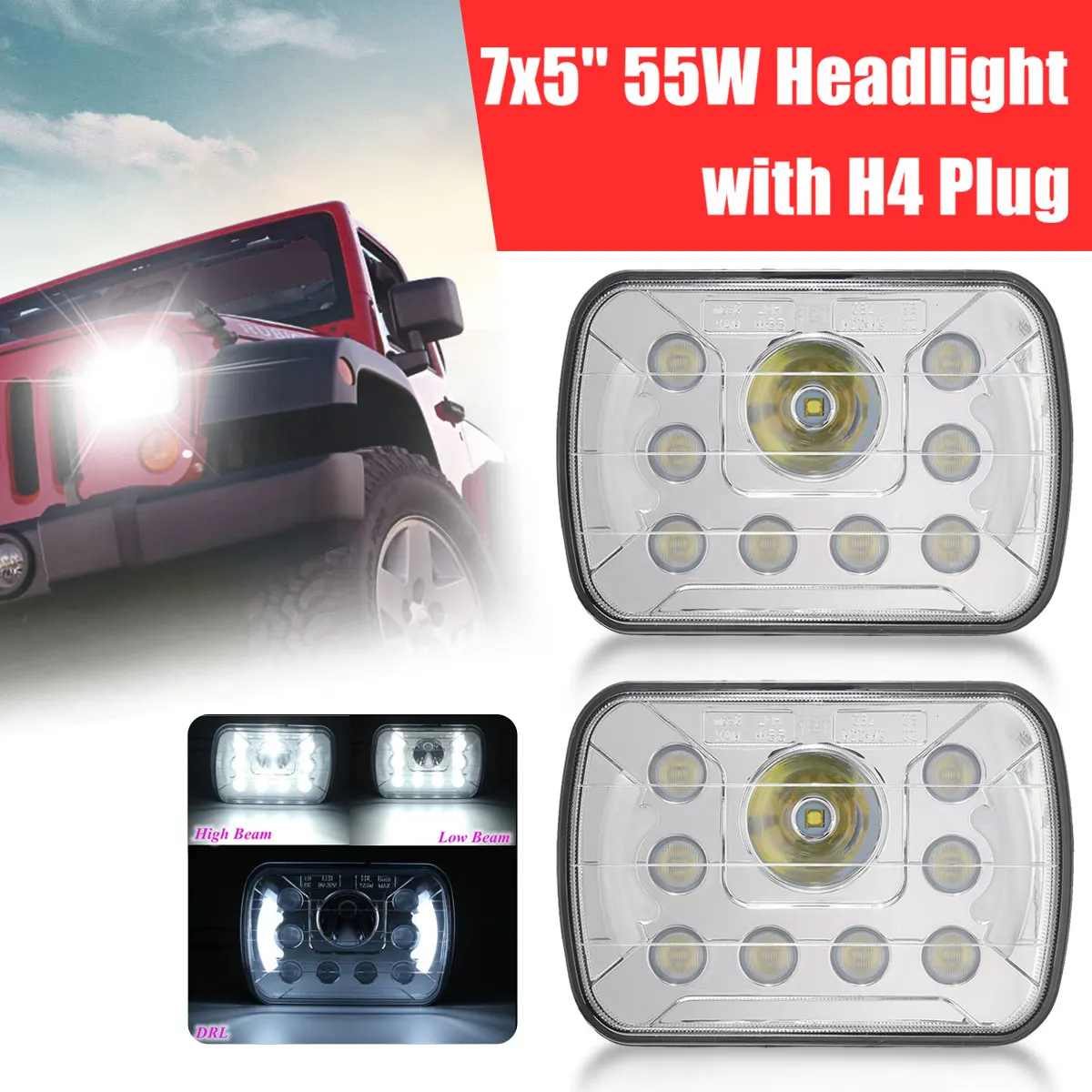

1pcsSquare 7x5" LED H4 Rectangular Truck Headlights with DRL & Hi/Lo Beam Headlamps Replacement for JEEP for Wrangler