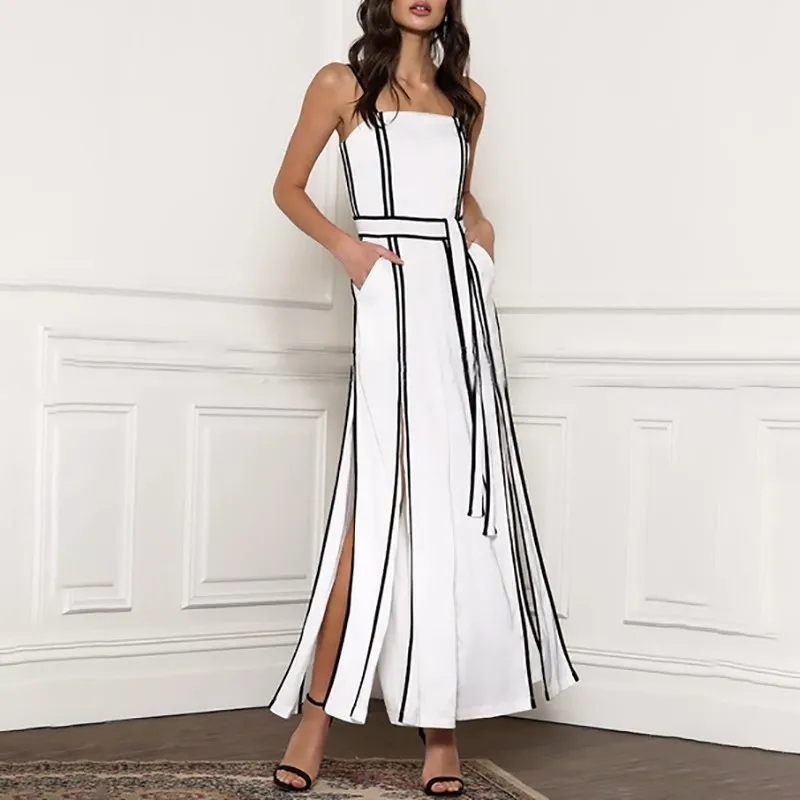 TWOTWINSTYLE Spring Hit Color Sleeveless Jumpsuit Women Strap High Waist Bandages Split Wide Leg Pants Female Fashion 2020 TWOTWINSTYLE Spring Hit Color Sleeveless Jumpsuit Women Strap High Waist Bandages Split Wide Leg Pants Female Fashion 2020