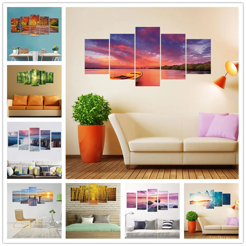 

5pcs/set Vinyl Wall Decor Stickers For Livingroom Background Landscape Fake Art Painting Decal Diy Bedroom Mural Printed Picture