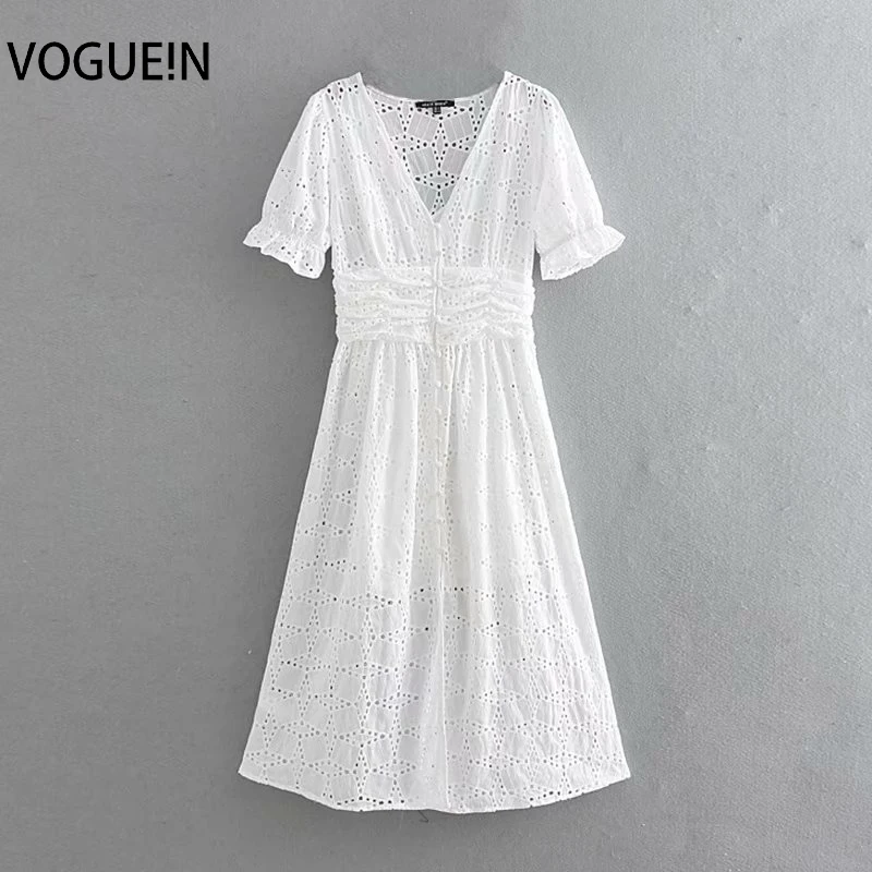 

New Womens Sweet Short Sleeve Hollow Floral Embroidery White Midi Shirt Dress