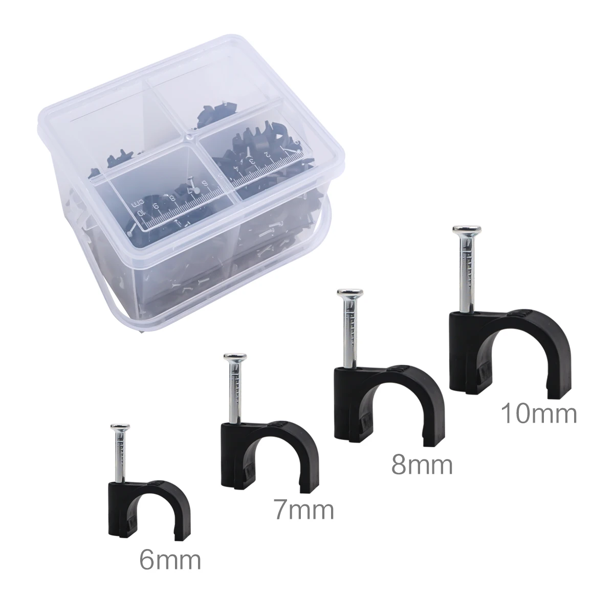 

Round Cable Clips Assortment 6mm 7mm 8mm 10mm - Black, Pack of 400, with Portable PP Box Black