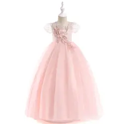 Длинное платье с короткими рукавами в европейском и американском стиле для девочек, детское свадебное платье, розовое платье принцессы с