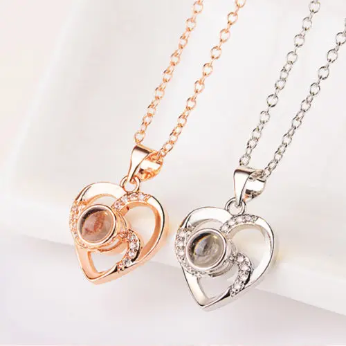 

Romantic Love Memory Wedding Necklace Rose Gold&Silver I love you in 100 languages Projection Pendant Necklace