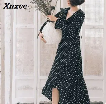Женское длинное платье в горошек Xnxee повседневное черное платье-макси с оборками