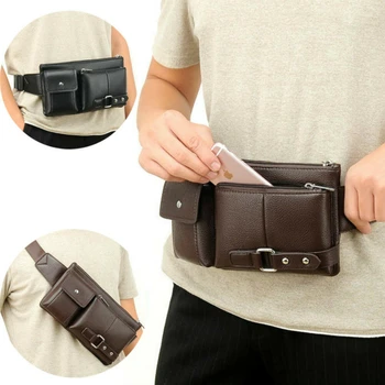 

NEW Men's Fanny Pack Genuine Leather Black Zipper Up Waist Bag Hip Bum Pouch Belt Bag Travel Purse