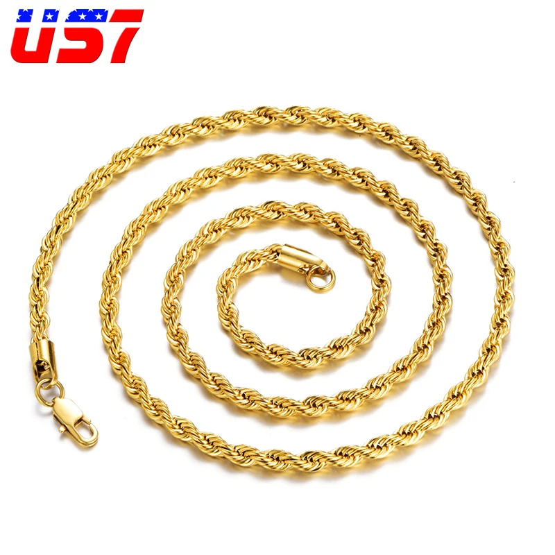 

US7 20-30inch Rope Chain Link Stainless Steel Necklace Link Chains Twist Necklaces for Women Men Gold Fashion Rope Chain Jewelry