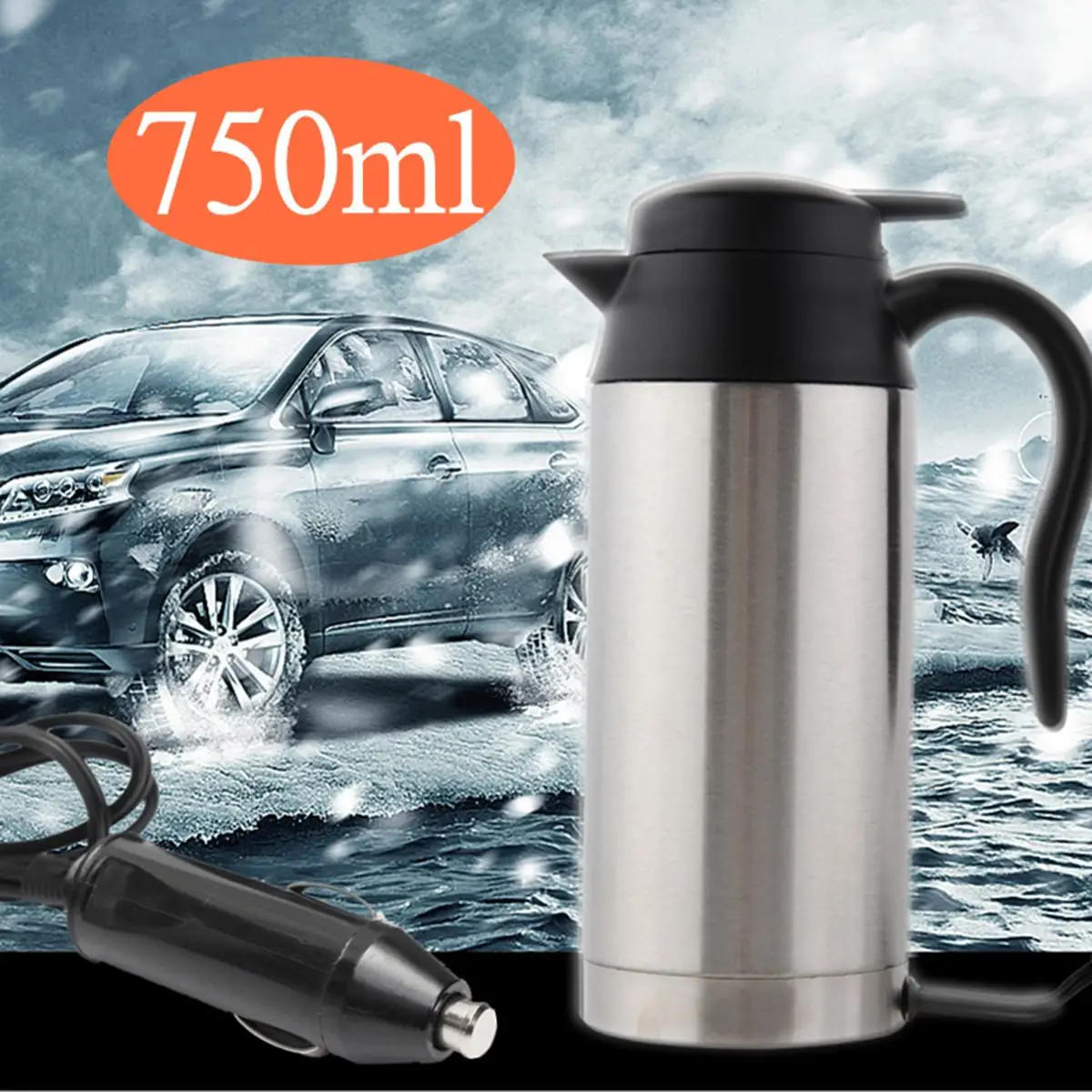 

Car Based Heating Travel 750ml 12V Thermoses Stainless Steel Cup Kettle Coffee Tea Heated Mug Motor Hot Water For Car Truck Use