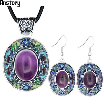 

Oval Amethysts Jewelry Sets Natural Stone Necklace Earrings Hand Painting Craft Flower Plant Bohemia Fashion Jewelry TS454
