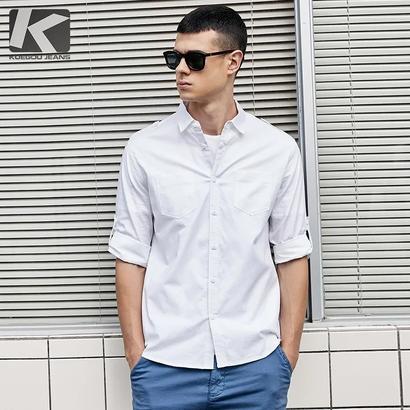 

Summer 2019 Men Shirt Cotton Solid White Color Man Casual Three Quarter Sleeve Slim Fit Pocket Clothes Male Wear Clothing 8202