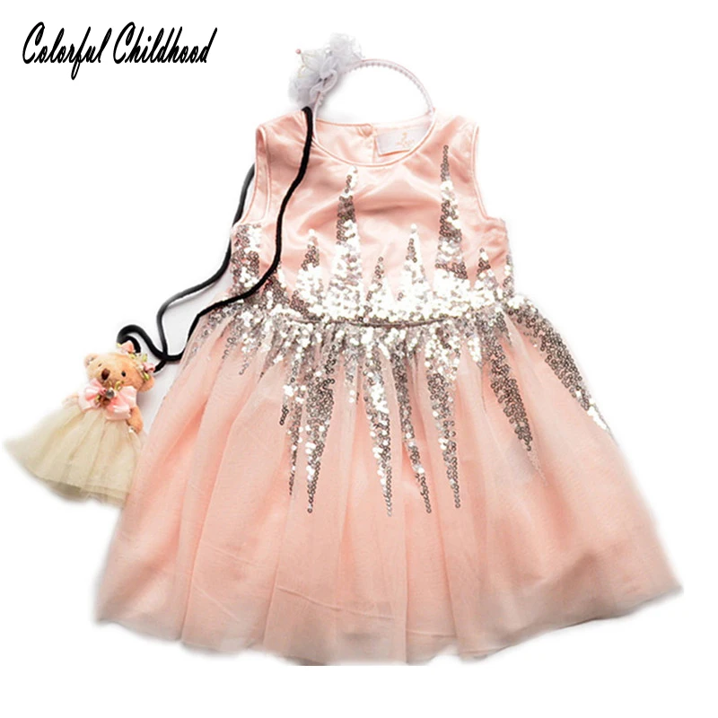 

Elegant Princess Girls Dress Sleeveless Sequins Applique Dress Net Yarn Vest Dress For Kid Girls Birthday Wedding Dresses