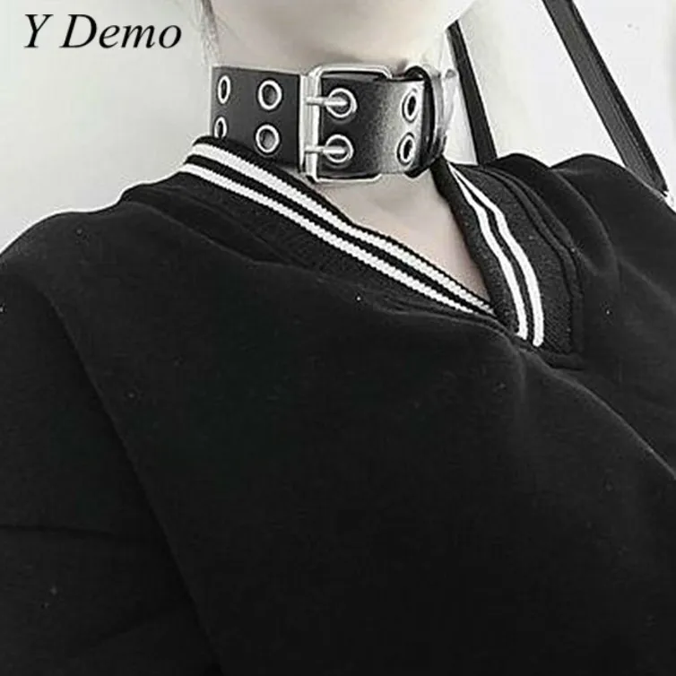 

Punk Style Pu Leather Women Choker Adjustable Wide Buckles Choker Accessories