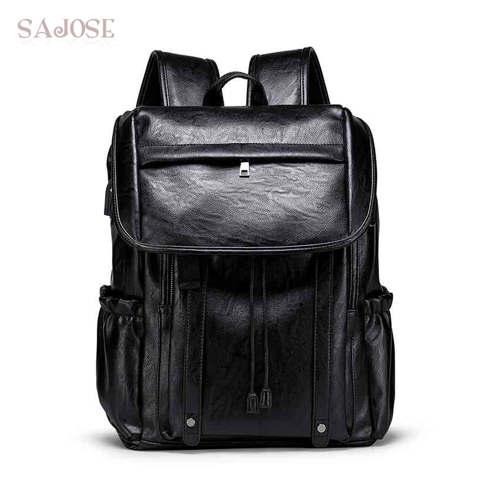 Men PU Leather Backpack Large Capacity Multifunctional Male Black
