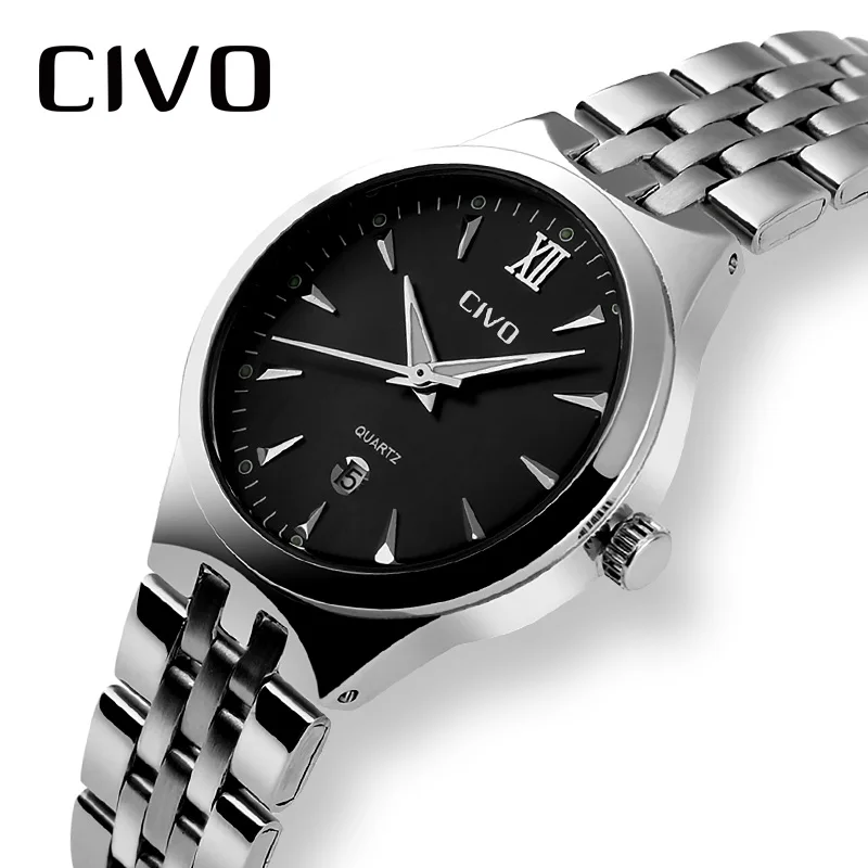 

CIVO Luxury Top Brand Mens Watch Stainless Steel Business Silver Quartz Watches Waterproof Luminous Wristwatch Male Clock