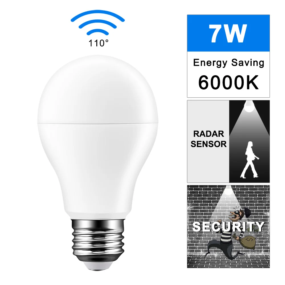 

E27 Radar Motion Sensor Led Lamp Bulb 7W 10W Control LED Light Bulb AC220V/110V For Home Porch Pure White Warm White