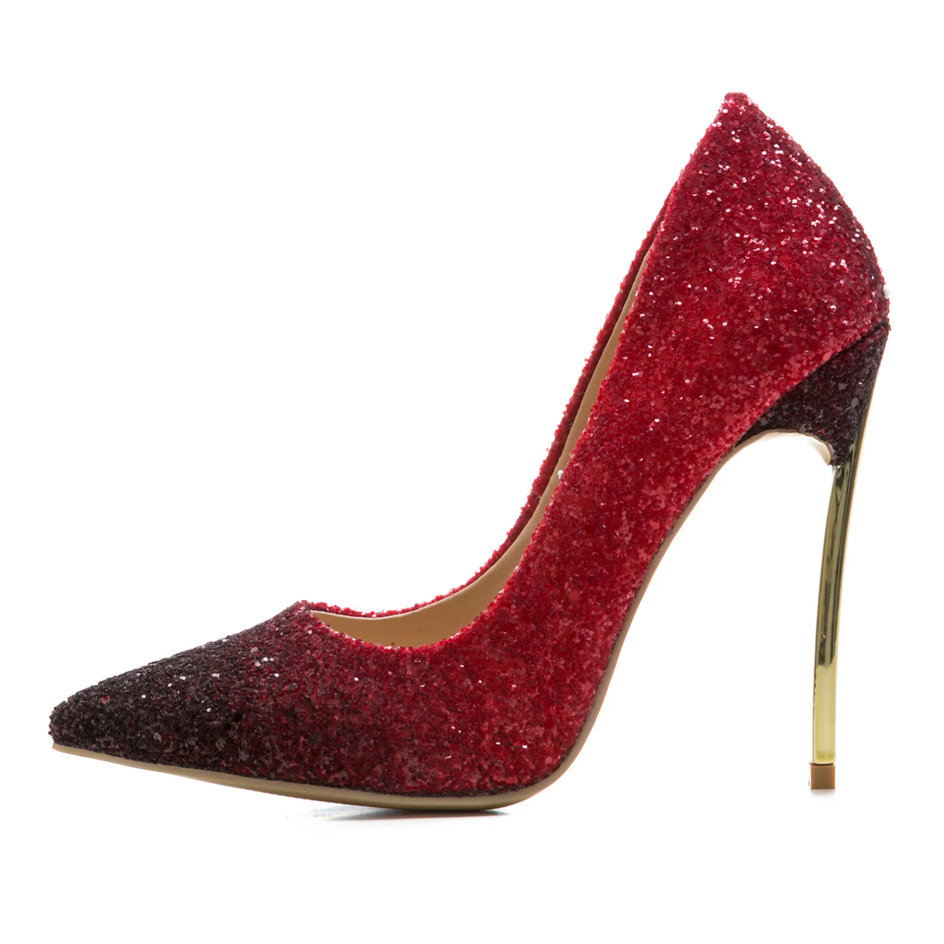 

2019 New Pointed toe Women Pumps in Bling Bling Gradient Color Red and Black with Sexy Thin High Heels Slip on Shallow Mouth
