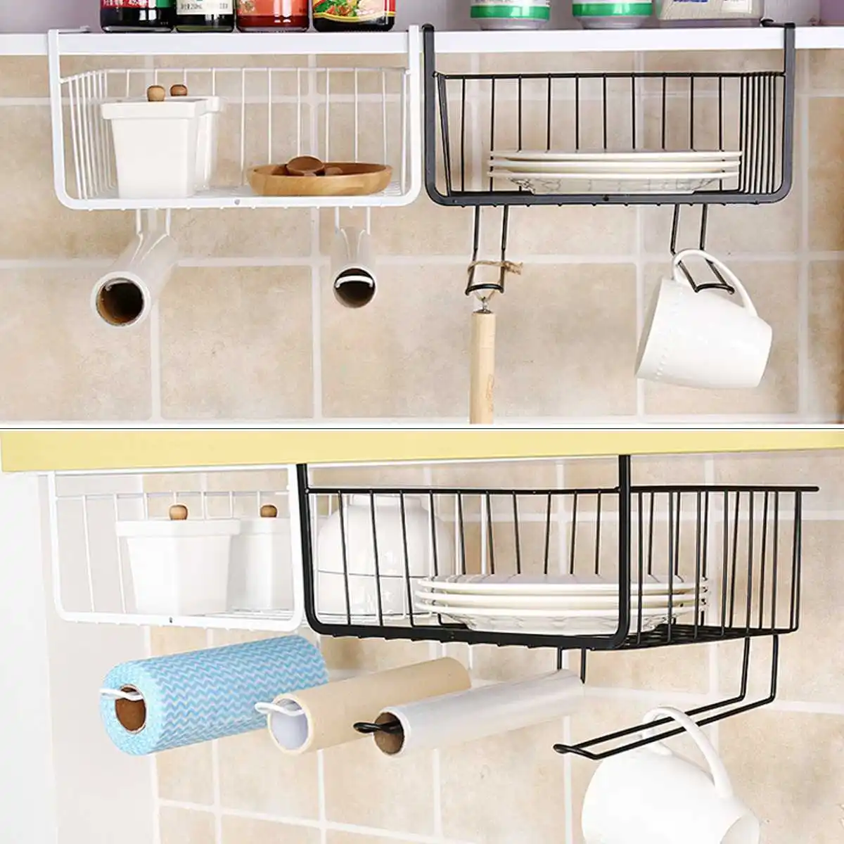 المطبخ تحت الرف سلة مجلس الوزراء الجرف مقصورة سلة التخزين خزانة مكتب التخزين رف منشفة حامل أسود أبيض 2 اللون