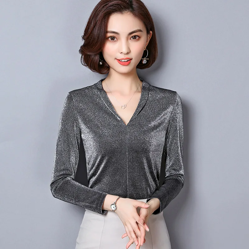 

#1644 Spring Autumn Solid Color V-Neck Long Sleeve T Shirt Women Elegant Korean Fashion Stretch T Shirt Femme Plus Size M-4XL