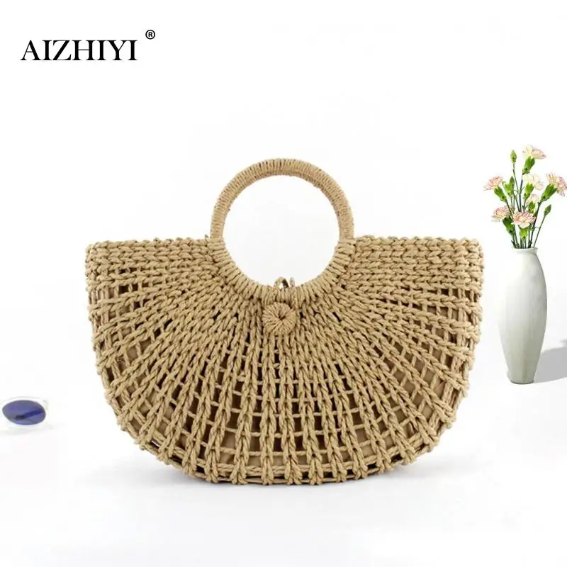

Round Straw Beach Bag Vintage Handmade Woven Shoulder Bag Raffia circle Rattan bags Bohemian Summer Vacation Casual Bags