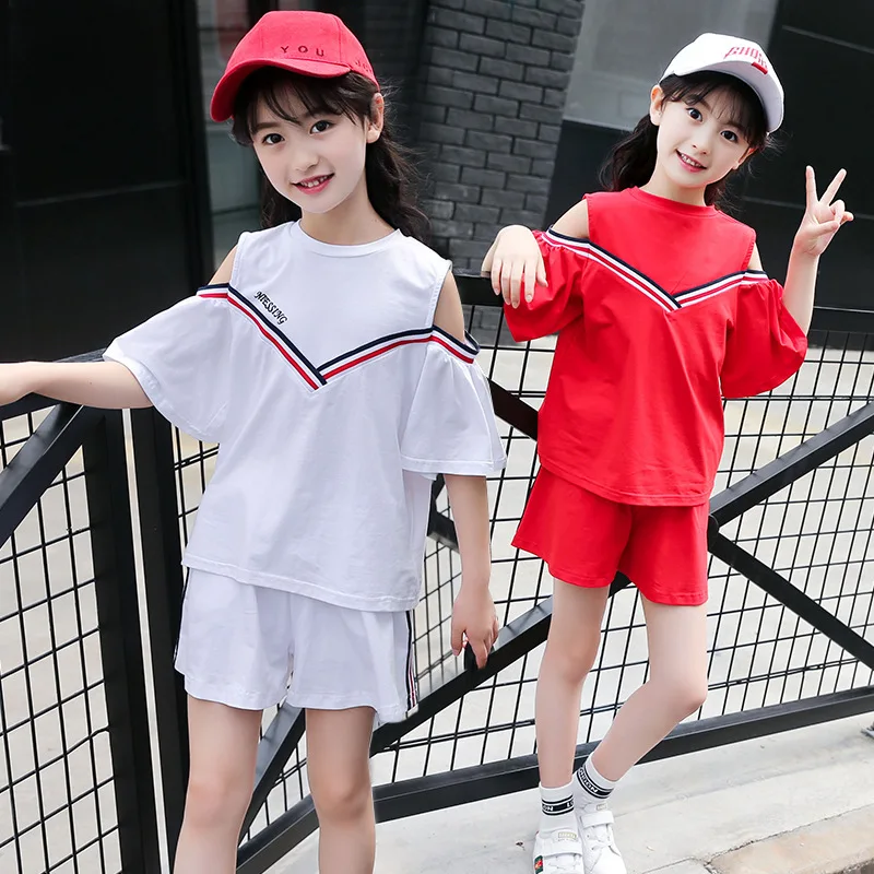 

Summer children's clothing new navy school uniform girls suit cotton sports students short-sleeved shirt + shorts 3-12 years
