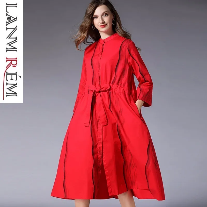 

LANMREM 2019 New Fashion Personality Print Striped Stand Collar Shirt Type Dress Female's Loose Large Size Clothse Vestido YF904