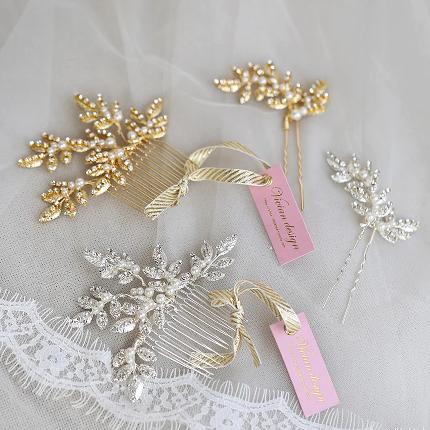 

Rosebridalpark Vintage Bridal Hair Accessories Wedding Combs Handmade Crystal Leaf Hair pins Hairpins Pearl Headpieces 2pcs u350