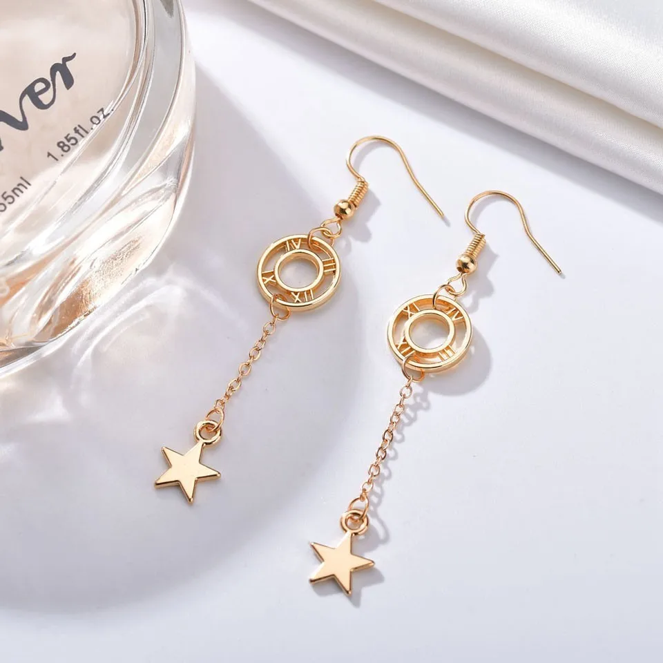 

Latest Temperament Cute Round Gold Star Pendant Women Drop Earrings Concise High Quality Party Women Earring Jewery Accessory