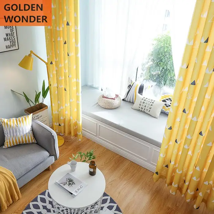 

Modern Simple Lemon Yellow Children Triangular Geometric Curtains For Living Room Fashion Fresh Cotton and Lien Fabric