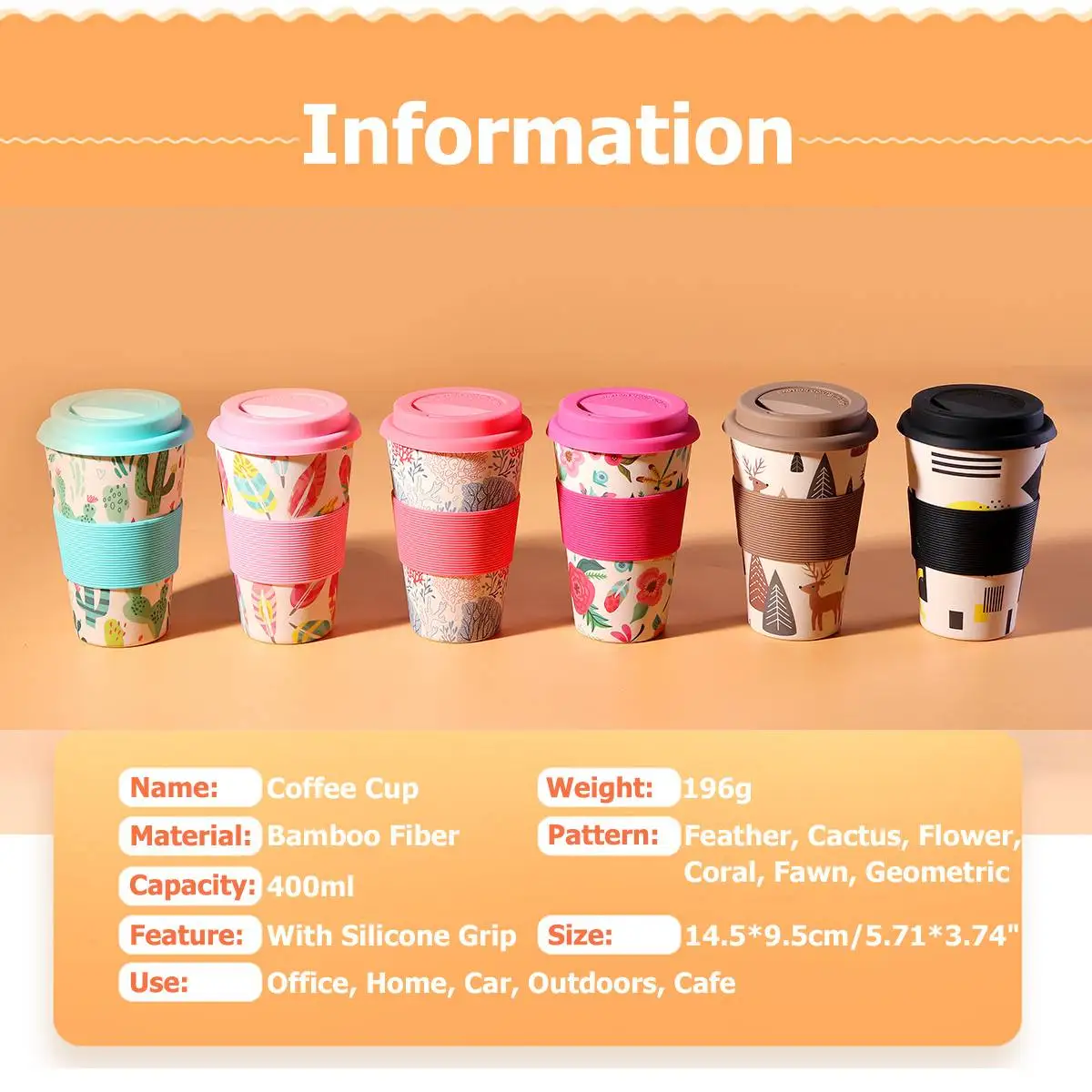 400ml Portable Practical Reusable Bamboo Fiber Silicone Cap Coffee Cups Eco Friendly Non slip Printing Travel Mugs Useful|Кружки| |