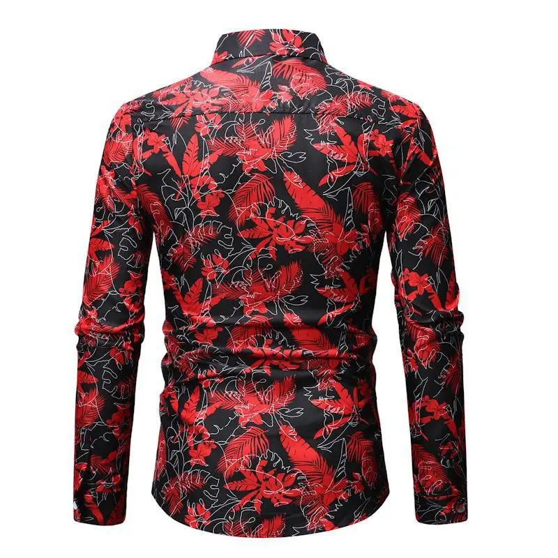 Mens Red Leaves Print Shirt 2019 Fashion Long Sleeve Male Black Wedding Dress Shirts Hawaiian Beach Party Holiday Chemise Homme