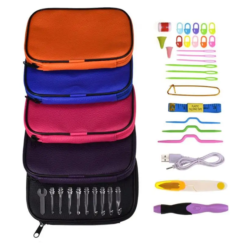 

38Pcs USB LED Light Up Crochet Hooks Set Knitting Needles Weave Tool Kit Recharge Knitting Tool Sewing Needles With Scissors Bag