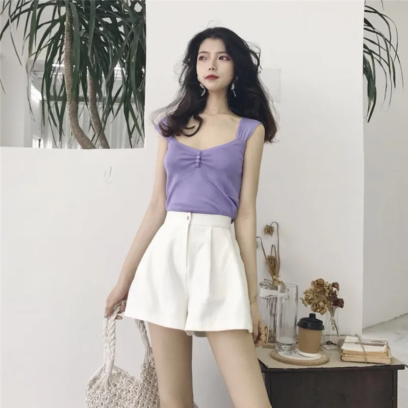 

new summer sexy style Women's Clothing fashion short crop top Thin Low-cut button sleeveless knitting Female tank vest Sweaters