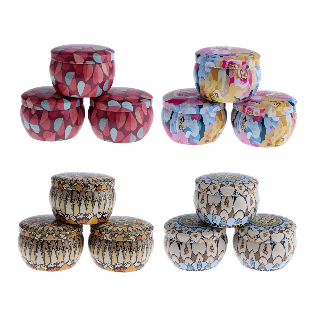 

12Pcs DIY Candle Tin Jars, Printed Round Tin Pots, Cosmetic Crafts Container Jars for Nail Art Jewelry Mints Makeup Organizer