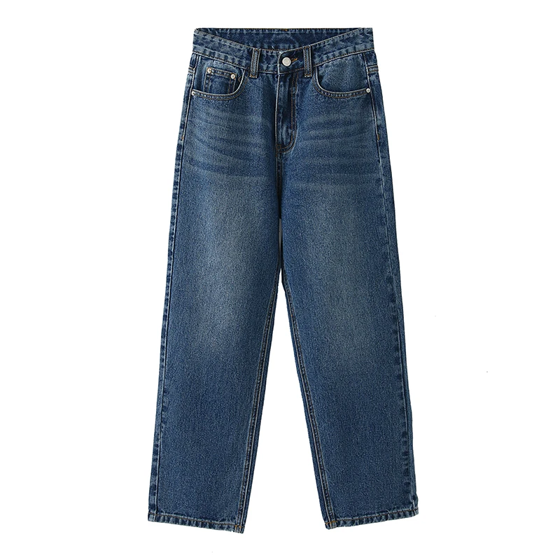 Blue Denim Jeans Woman Straight Leg Mid Waist Mom Jeans Streetwear Korean Fashion Loose Pants 6175#