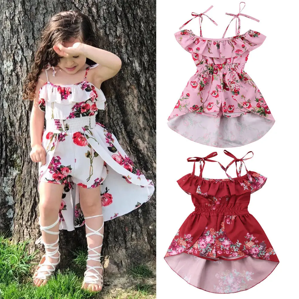 

Boho arrival Cute Kids Baby Girls Floral Dress Off Shoulder Strap Romper Jumpsuits Outfits Irregular Skirt Pant Clothes 6M-5T