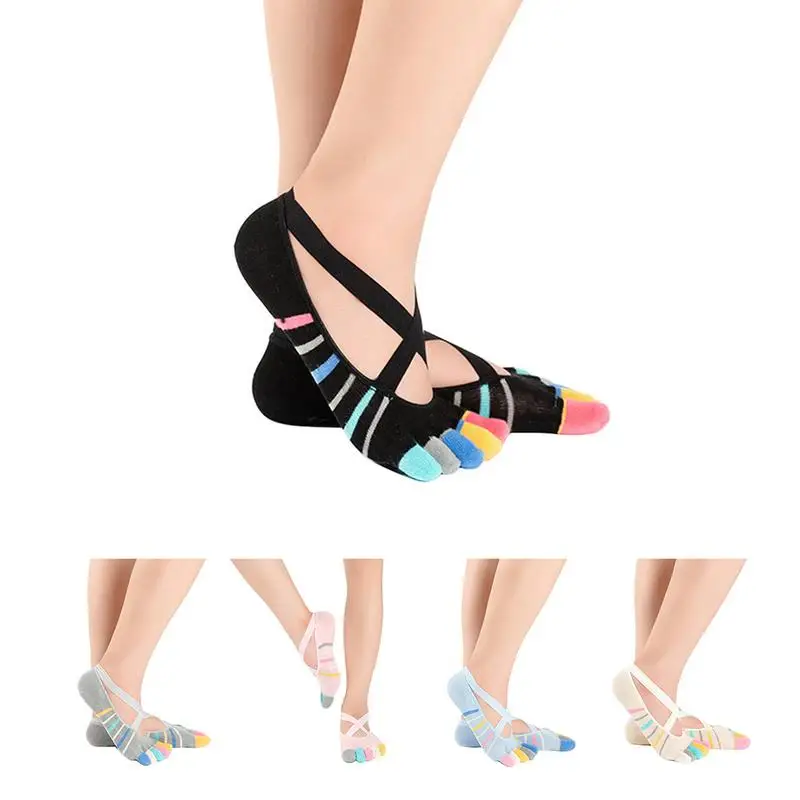 

Hot Sale Woman Yoga Cotton Sock Socks Non Slip Breathable Sock Five Friction Backless Sock with Cross Straps