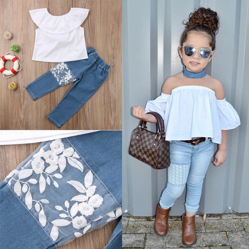 Conjunto de ropa de moda para niñas, Top blanco con volantes + Denim Floral LacePant, ropa verano 2019, 2 uds.|set de ropa| - AliExpress