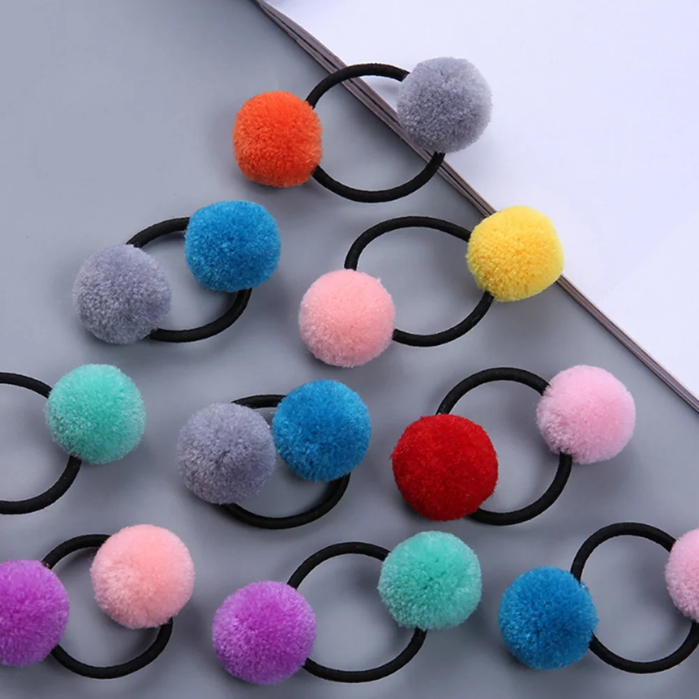 Cute Girls Soft Double Fur Ball Hair Tie Pom Pom Elastic Hair Band Hair Rope