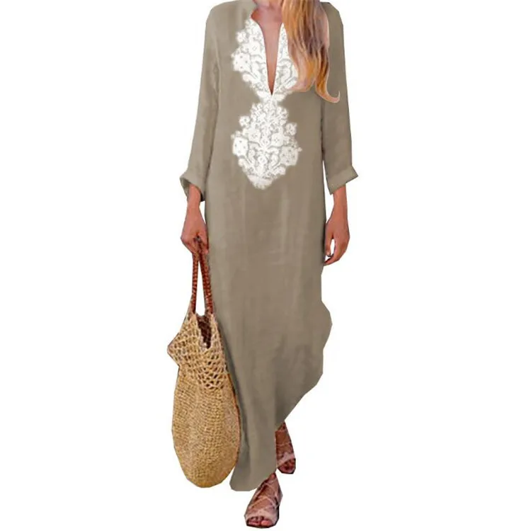 Женские хлопок белье Платье макси с длинным рукавом повседневное Boho кафтан
