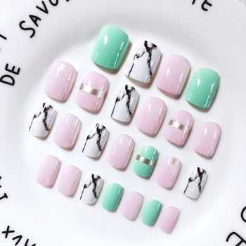 

ELECOOL New 24 Pcs Fake Nails + 2g glue Toe Nails Finished Marble Acrylic Long Fake Tips Nail Patch Nail Art Accessories