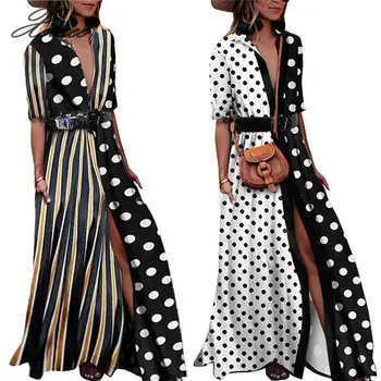 

2020 Autumn New Summer Women S-3XL V-neck Dress Half Sleeve Sexy Vintage Maxi Dress Striped Fashion Party Dress