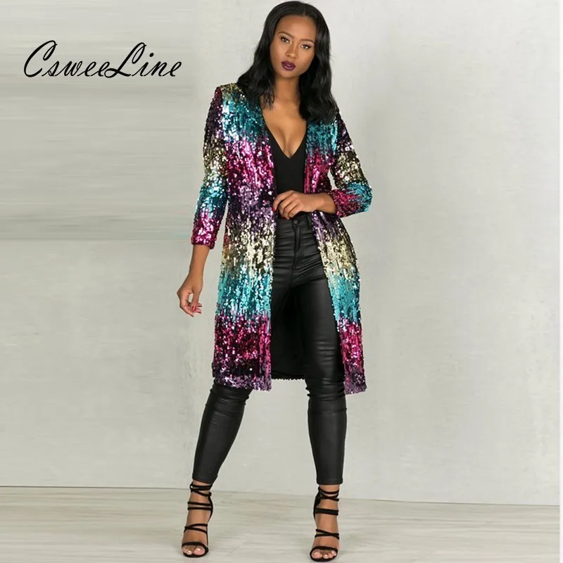 

Fashion 2018 Womens Sequin Long Jackets Coats Winter Autumn Night Club Chic Sequins Overcoat V Neck Striped Outerwear Women Coat