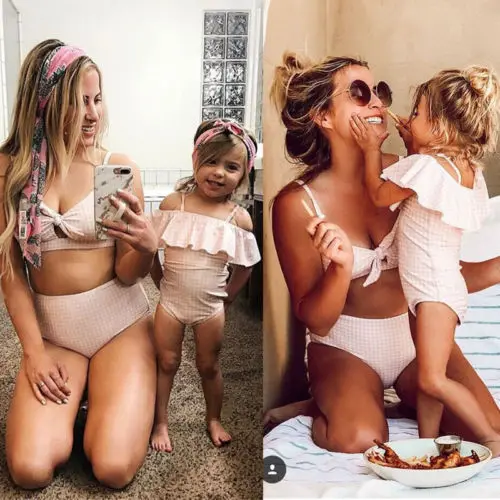 

Family Swimwear Mother High Waist Bikini Set Daughter Kids Baby Girls Ruffle One Piece Suit Swimsuit Swimming Suit Bathing Suit