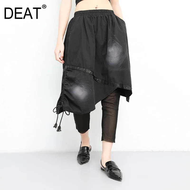 

[DEAT] 2019 New Autumn Winter High Elastic Waist Black Denim Drawstring Split Joint Loose Pants Women Trousers Fashion Tide JT13