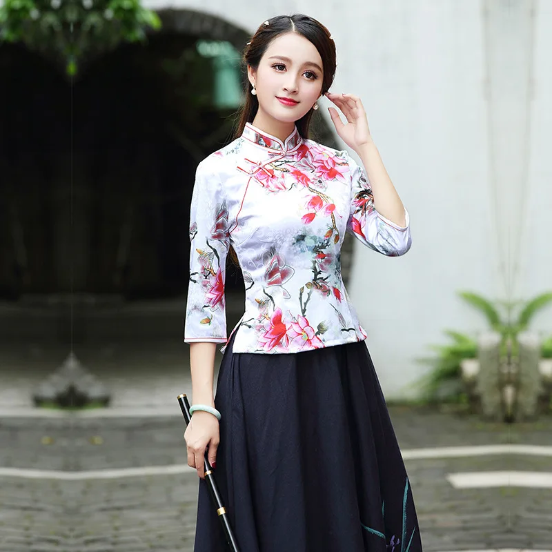 Плюс размер 4XL китайский костюм топы жаккард хлопок печать Короткие Cheongsam Ципао