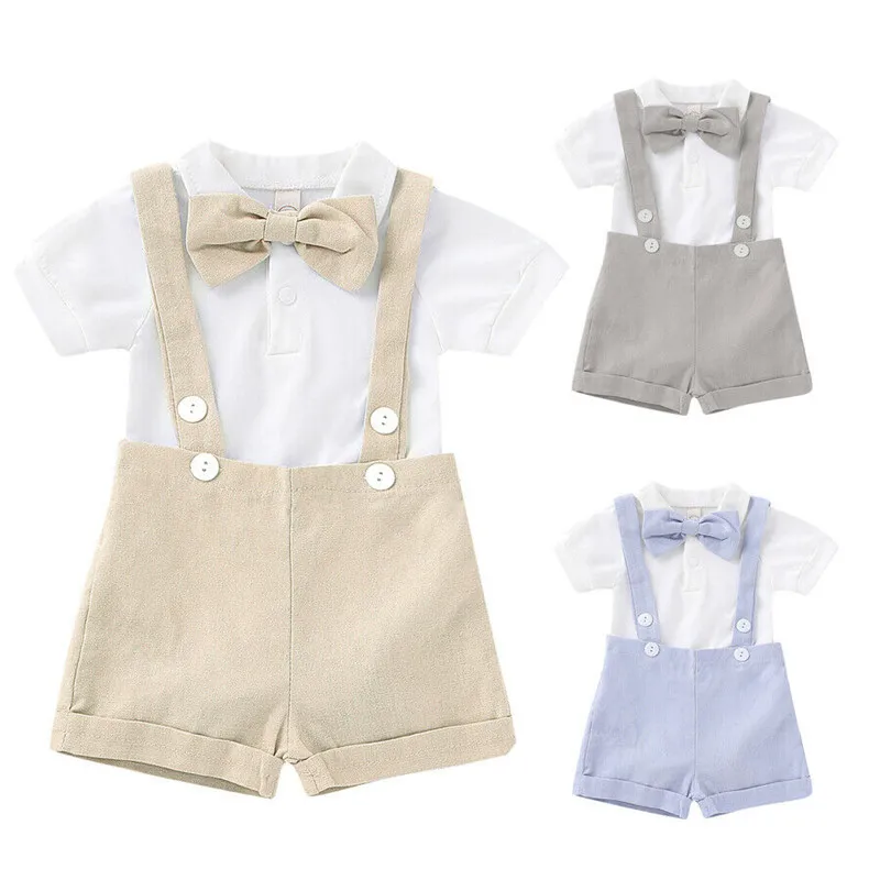 

Summer Baby Boy Gentleman Outfits Bow Tie+Short Sleeve T-Shirt Romper+Strap Shorts 3Pcs Party Formal Baby Boy Clothes Sets 0-24M
