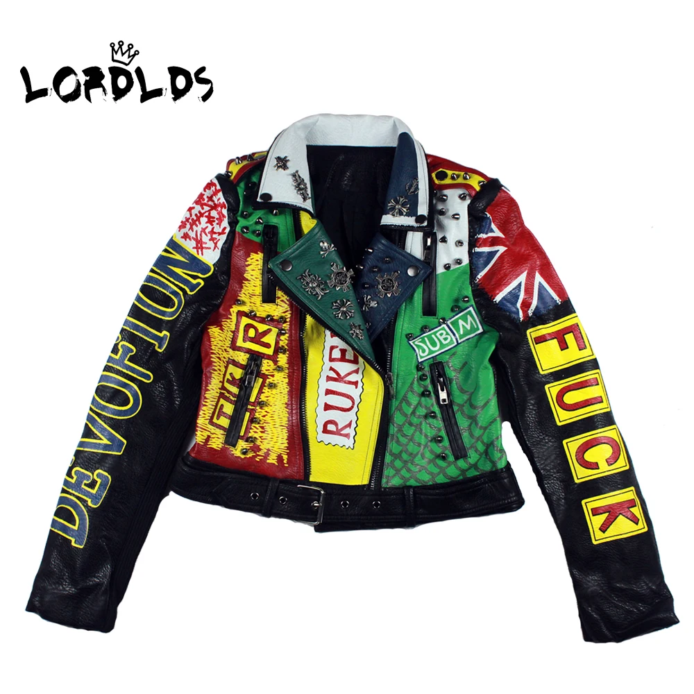 

LORDLDS Print Leather Jacket Women 2019 New Spring Colorful Turn-down collar Punk Rock Cropped Jackets Ladies Outwear coats