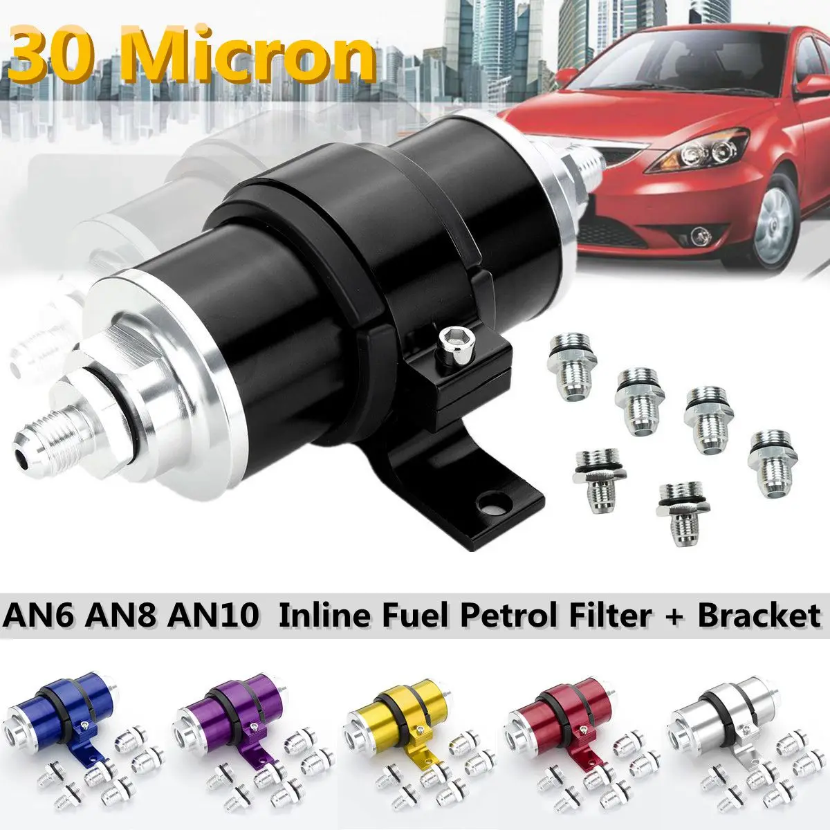 

AN6 AN8 AN10 30 Micron Billet Aluminum Inline Fuel Petrol Filter+Bracket