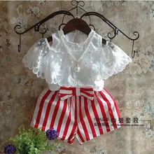 2018 Summer New Princess Girls 2Pcs Clothes Baby Girls Lace Floral Blouse Tops+Red Stripe Shorts Kids Outfits Clothes Set 2018 Summer New Princess Girls 2Pcs Clothes Baby Girls Lace Floral Blouse Tops+Red Stripe Shorts Kids Outfits Clothes Set
