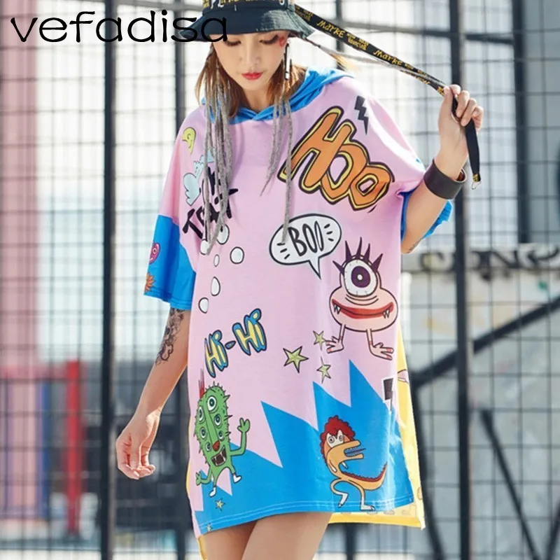Vefadisa Graffiti Printing Hooded Dress Women Short Sleeve Drop-Shoulder T-Shirt Irregular Mini Split Tops ZLD785 | Женская одежда