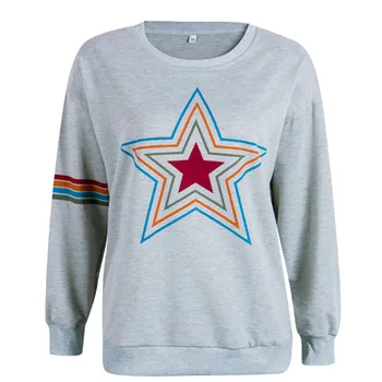 

Women Ladies Autumn Casual Print Gray Loose Fashion Long Sleeve Fashion Cotton Star O-Neck Gray NEW